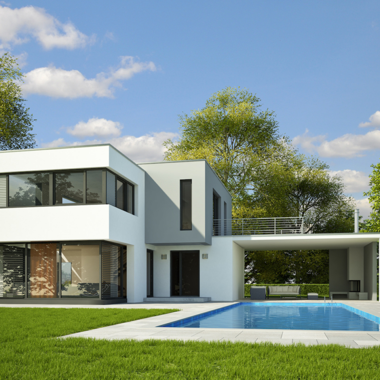 kubus weiss grau mit pool am tag